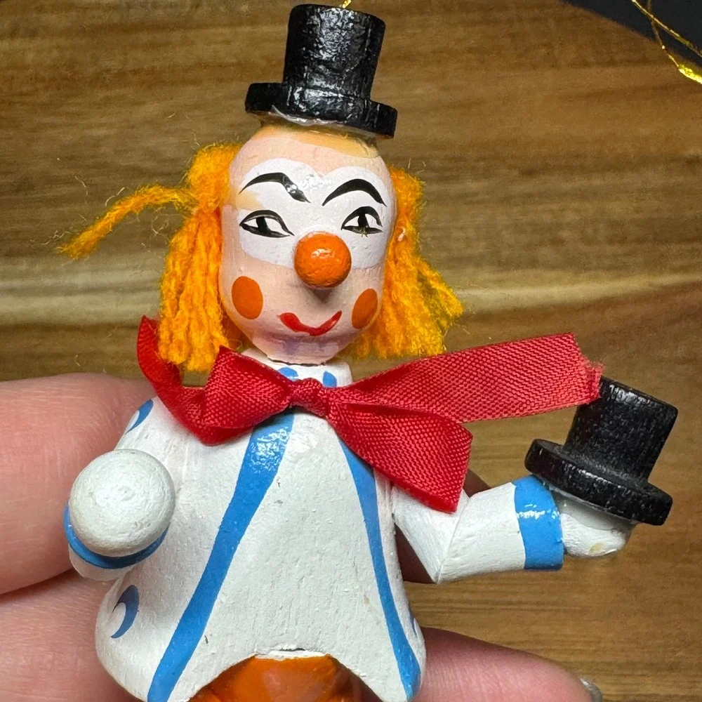 Vintage Hand Painted Wooden Clown Ornament Orange Hair Top Hat Circus Figurine